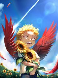 Rule 34 | blonde hair, blue sky, boku no hero academia, bui (buupopopopopo), check translation, child, cloud, feathered wings, feathers, field, fisheye, flower, flower field, happy, hawks (boku no hero academia), highres, holding, holding flower, light rays, open mouth, red feathers, sky, smile, solo, sunbeam, sunflower, sunflower field, sunlight, teeth, translation request, wings, yellow eyes