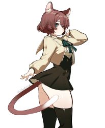 Rule 34 | 1girl, absurdres, animal ear fluff, animal ears, aqua eyes, arm up, ass, black thighhighs, bob cut, breasts, cat ears, cat tail, contrapposto, cowboy shot, cropped jacket, expressionless, from side, heterochromia, high-waist skirt, highres, long sleeves, medium breasts, original, short hair, simple background, skirt, solo, tail, thighhighs, towtow redoland, twitter username, white background