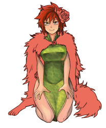 Rule 34 | 1girl, alternate costume, breasts, china dress, chinese clothes, dress, flower, flower on head, fur, hair flower, hair ornament, large breasts, naoayatugu, red hair, short hair, shut hell, shut hell (character), solo, thighs