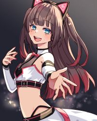 Rule 34 | 1girl, animal ear headphones, animal ears, bare shoulders, belt, black belt, black nails, blue eyes, blunt bangs, blush, bow, bowtie, brown hair, cat ear headphones, chest belt, collar, cowboy shot, crop top, detached sleeves, fake animal ears, headphones, highleg, highleg panties, highres, hololive, long hair, looking at viewer, midriff, multicolored hair, multicolored nails, nail polish, natsuiro matsuri, natsuiro matsuri (re:start), nitumaruta, official alternate costume, open mouth, outstretched arm, panties, panty straps, pink bow, pink nails, red hair, round teeth, see-through, skirt, sleeveless, smile, solo, sweat, teeth, two-tone hair, two side up, underbust, underwear, virtual youtuber, white skirt, white sleeves