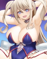 Rule 34 | 1girl, armpits, arms behind head, arms up, asamura hiori, azur lane, blonde hair, blue eyes, blue leotard, breasts, cleavage, fang, garter straps, guam (azur lane), guam (stage-setting charmer) (azur lane), highres, huge breasts, leotard, long hair, looking at viewer, official alternate costume, open mouth, playboy bunny, solo, star-shaped pupils, star (symbol), symbol-shaped pupils, very long hair
