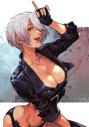 Rule 34 | 1girl, angel (kof), blue eyes, breasts, chaps, cleavage, close-up, cropped jacket, horns pose, fingerless gloves, gloves, hair over one eye, hungry clicker, jacket, large breasts, leather, leather jacket, looking at viewer, open mouth, profile, short hair, simple background, snk, solo, the king of fighters, the king of fighters xv, tongue, tongue out, white hair
