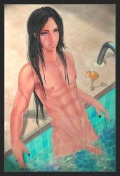 Rule 34 | 1boy, abs, arm support, artist request, black hair, blush, drink, erection, grin, jewelry, long hair, male focus, muscular, nail polish, naruto, naruto (series), navel, necklace, nipples, nude, outdoors, penis, pool, pubic hair, red eyes, ring, scar, smile, smirk, solo, standing, sunburn, sweat, testicles, third-party edit, uchiha itachi, uncensored, water, zenra