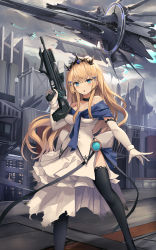 Rule 34 | 1girl, blonde hair, blue eyes, blush, dress, elbow gloves, eruthika, gloves, gun, highres, holding, holding gun, holding weapon, jewelry, looking at viewer, open mouth, original, outdoors, science fiction, solo, spacecraft, thighhighs, tiara, weapon