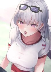 Rule 34 | 1girl, 1other, blue archive, blush, braid, breasts, buruma, candy, collarbone, demon wings, eyewear on head, food, grey hair, gym shirt, gym uniform, haruna (blue archive), haruna (track) (blue archive), highres, kurage cc, large breasts, looking at another, official alternate costume, pink eyes, red buruma, shirt, short sleeves, single braid, single wing, solo focus, sweat, tinted eyewear, tongue, tongue out, wings