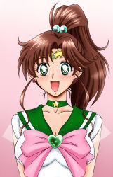 Rule 34 | 1girl, :d, bare arms, bishoujo senshi sailor moon, blush, bow, breasts, brooch, brown hair, choker, cleavage, collarbone, dress, earrings, female focus, flower, flower earrings, gem, gradient background, green eyes, hair bobbles, hair ornament, happy, heart, heart brooch, highres, jewelry, kino makoto, long hair, looking at viewer, magical girl, neck, necklace, open mouth, pink background, pink bow, ponytail, ribbon, rose, sailor jupiter, school uniform, smile, solo, soukichi, super sailor jupiter, tiara, upper body