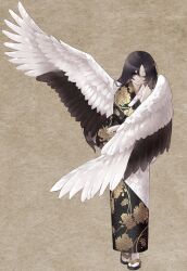 Rule 34 | 1girl, bird, black hair, black kimono, black wings, brown background, closed mouth, crane (animal), eyeliner, feathered wings, floral print, full body, geta, hand on own shoulder, hand up, highres, japanese clothes, kimono, long hair, long sleeves, looking at viewer, makeup, multiple wings, one eye closed, original, personification, print kimono, ramuya (lamb), red eyes, seigaiha, self hug, socks, solo, standing, straight hair, tabi, two-tone kimono, two-tone wings, white kimono, white socks, white wings, wings