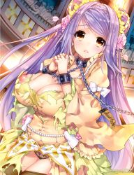 Rule 34 | 1girl, breasts, chain, chained, cleavage, double bun, dress, hair bun, highres, kaguyuzu, large breasts, long hair, long sleeves, nipples, own hands together, parted lips, purple hair, solo focus, sweat, swept bangs, tears, torn clothes, torn dress, yellow eyes