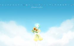 Rule 34 | alternate costume, androgynous, blue sky, cloud, colored eyelashes, copyright name, day, dress, closed eyes, flower, gender request, green hair, happy, highres, houseki no kuni, mydeerwitch, phosphophyllite, short hair, sky, smile, solo, sparkle, standing, sunflower, yellow dress