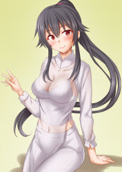 Rule 34 | 1girl, alternate costume, anti (untea9), black hair, breasts, cowboy shot, gradient background, highres, kantai collection, long hair, long sleeves, looking at viewer, medium breasts, pants, ponytail, red eyes, scrunchie, see-through, see-through shirt, shadow, shirt, sitting, smile, solo, twitter username, vietnamese dress, white shirt, yahagi (kancolle), yellow background