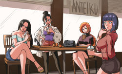 Rule 34 | 4girls, bag, black hair, bleach, boa hancock, breast hold, breasts, bubble tea, bubble tea challenge, chi-chi (dragon ball), crossed legs, crossover, cup, disposable cup, dragon ball, drink, drinking, earrings, hair bun, handbag, high heels, hyuuga hinata, inoue orihime, jacket, jewelry, large breasts, legs, long hair, mature female, medium breasts, multiple crossover, multiple girls, naruto (series), one piece, orange hair, purple hair, short hair, single hair bun, sitting, skirt, standing, sweater, thighhighs, tina fate