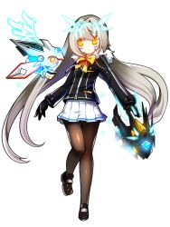Rule 34 | 1girl, black gloves, black hair, black sweater, bow, bowtie, code: battle seraph (elsword), elsword, eve (elsword), facial mark, floating hair, full body, gloves, leg up, long hair, looking at viewer, miniskirt, moby (elsword), panties, pantyhose, pleated skirt, remy (elsword), shiny clothes, silver hair, simple background, skirt, solo, sweater, twintails, underwear, very long hair, white background, white skirt, willitansov2, yellow bow, yellow bowtie, yellow eyes