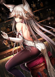Rule 34 | 1girl, alcohol, animal ears, ass, back, backless dress, backless outfit, bad id, bad pixiv id, bar (place), bare back, bare shoulders, bell, black pantyhose, blush, brown eyes, champagne flute, chinese clothes, cup, detached sleeves, dress, drinking glass, elbow gloves, fox ears, gloves, haguruma c, hair bell, hair ornament, halterneck, highres, jingle bell, long hair, looking at viewer, looking back, open mouth, original, pantyhose, sitting, solo, sparkle, very long hair, white gloves
