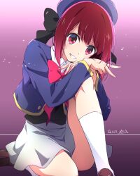 Rule 34 | 1girl, arima kana, beret, blue jacket, bob cut, bow, bowtie, commentary, cropped jacket, grey skirt, grin, hat, highres, jacket, looking at viewer, nii manabu, oshi no ko, pink bow, pink bowtie, red bow, red bowtie, red eyes, red hair, school uniform, short hair, sitting, skirt, smile, socks, solo, teeth, thighs, uniform, v, white socks, youtou high school uniform