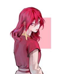Rule 34 | 1girl, akatsuki no yona, back, bad id, bad twitter id, belt, commentary request, earrings, hair between eyes, jewelry, korean commentary, long sleeves, medium hair, pink background, purple eyes, rectangle, red hair, red vest, solo, upper body, vest, white background, yona (akatsuki no yona), yona hyeon