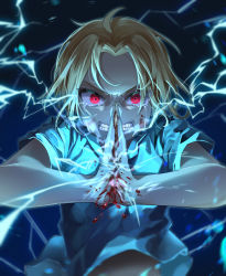 Rule 34 | 1boy, absurdres, ahoge, blonde hair, blood, blood on face, blue shirt, child, clenched teeth, commentary, crying, crying with eyes open, edward elric, electricity, facing viewer, forehead, fullmetal alchemist, highres, kimae, male focus, own hands clasped, own hands together, red eyes, sharp teeth, shirt, short hair, short sleeves, tears, teeth, upper body, v-shaped eyebrows