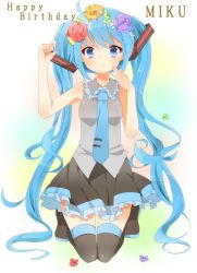 Rule 34 | 1girl, bad id, bad pixiv id, blue eyes, blue hair, boots, character name, detached sleeves, flower, hair flower, hair ornament, happy birthday, hatsune miku, jimmy madomagi, long hair, matching hair/eyes, necktie, skirt, solo, thigh boots, thighhighs, twintails, very long hair, vocaloid
