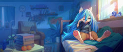Rule 34 | 1girl, absurdres, apple, armchair, bedroom, big hair, blue hair, book, book stack, bookshelf, brown pants, chair, clock, digitigrade, figure, food, fruit, furry, furry female, hair between eyes, highres, indoors, inuki (aruurara), light particles, light rays, long hair, my little pony, on bed, one eye closed, original, pants, parted lips, pawpads, plant, potted plant, rarity (my little pony), rubbing eyes, shelf, sitting, solo, stuffed toy, sunlight, table, waking up, wall clock, window