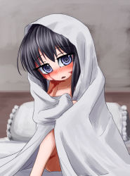 Rule 34 | 1girl, bed sheet, black hair, blush, burn scar, dorei to no seikatsu ~teaching feeling~, full-face blush, highres, looking at viewer, naked sheet, on bed, open mouth, parted lips, pillow, purple eyes, sat-c, scar, sitting, solo, sylvie (dorei to no seikatsu)