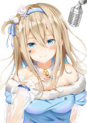 Rule 34 | 1girl, absurdres, bare shoulders, blonde hair, blue dress, blue eyes, blue hairband, blush, breasts, cleavage, closed mouth, detached collar, dress, facial mark, fur-trimmed dress, fur trim, girls&#039; frontline, hair between eyes, hair ornament, hairband, hand up, heart, highres, long hair, long sleeves, looking at viewer, medium breasts, microphone, official alternate costume, see-through, sidelocks, simple background, smile, snowflake hair ornament, solo, suomi (girls&#039; frontline), suomi (korvatunturi pixie) (girls&#039; frontline), upper body, white background, yukiaka