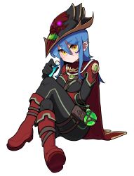 Rule 34 | 1girl, absurdres, armor, black gloves, blue hair, boot knife, boots, breasts, cape, commission, completionist cape (runescape), crossed legs, dang (runescape), duellist&#039;s cap (tier 6), earrings, gloves, glowing hat, hat, highres, holding, holding vial, jewelry, long hair, looking at viewer, medium breasts, min lona, original, potion, pouch, red footwear, runescape, second-party source, simple background, solo, spiked ear piercing, thick eyebrows, vial, yellow eyes
