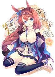 Rule 34 | 1girl, :d, animal ears, bag, bare shoulders, blue eyes, blue thighhighs, blush, braid, brown hair, commentary request, english text, frilled sleeves, frills, full body, hair between eyes, hands up, head tilt, horse ears, long hair, long sleeves, looking at viewer, mitha, open mouth, ribbed sweater, shoes, shoulder bag, single braid, sitting, sleeveless, sleeveless sweater, sleeveless turtleneck, smile, solo, super creek (umamusume), sweater, teeth, thighhighs, turtleneck, turtleneck sweater, umamusume, upper teeth only, very long hair, wariza, white footwear, white sweater, wide sleeves