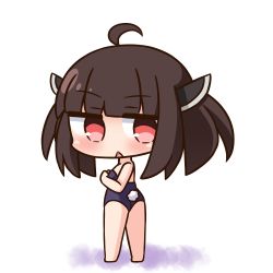Rule 34 | 1girl, :&lt;, ahoge, bare arms, bare legs, bare shoulders, barefoot, blue leotard, blush, brown hair, rabbit tail, chibi, commentary request, full body, hana kazari, hands up, headgear, leotard, long hair, looking at viewer, looking back, parted lips, playboy bunny, red eyes, solo, strapless, strapless leotard, tail, touhoku kiritan, triangle mouth, voiceroid, white background