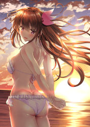 Rule 34 | 1girl, arms behind back, ass, back, backpack, bag, bare shoulders, beach, bikini, blush, brown hair, butt crack, cloud, cloudy sky, dimples of venus, floating hair, frilled bikini, frills, hair between eyes, hair ornament, halterneck, highres, kantai collection, kisaragi (kancolle), kisaragi kai ni (kancolle), light particles, long hair, looking at viewer, looking back, ocean, open mouth, outdoors, pink bikini, purple eyes, shoulder blades, sidelocks, sky, smile, solo, sunset, swimsuit, takamichis211, thighs, twisted torso, wind