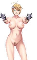 Rule 34 | 1girl, aqua eyes, blonde hair, blue eyes, breasts, bullet hole, celicia lockhart, censored, closed game, deputy badge, empress (studio), female focus, female pubic hair, game cg, gun, hair ornament, handgun, large breasts, legs, looking at viewer, mosaic censoring, navel, nipples, nude, pubic hair, pussy, revolver, sei shoujo, short hair, smile, solo, standing, star (symbol), star hair ornament, tattoo, thighs, transparent background, weapon