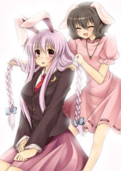 Rule 34 | 2girls, ^ ^, alternate hairstyle, animal ears, bloom, blush, braid, brown hair, carrot, carrot necklace, closed eyes, dress, female focus, grabbing another&#039;s hair, hands in hair, highres, inaba tewi, jewelry, jpeg artifacts, light purple hair, long hair, multiple girls, necklace, necktie, open mouth, pink dress, pink eyes, pink hair, rabbit ears, red necktie, reisen udongein inaba, shirt, sitting, skirt, smile, suzuki nene, touhou, twin braids, v arms