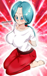 Rule 34 | 1girl, aqua hair, arms behind back, artist name, barefoot, blue eyes, blush, breasts, bulma, bulma (future), closed mouth, collarbone, dragon ball, dragon ball super, dragonball z, feet, full body, future bulma, highres, large breasts, long hair, low ponytail, mature female, neck, nervous smile, pants, parted bangs, ponytail, red background, red pants, redosukan, seiza, shirt, short sleeves, sitting, smile, solo, t-shirt, white shirt