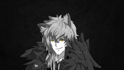 Rule 34 | 1boy, absurdres, animal ears, arknights, bad id, bad pixiv id, commentary, english commentary, english text, fur-trimmed sleeves, fur trim, highres, ichi10art, looking at viewer, male focus, meme, monochrome, monochrome background, necktie, ricardo milos, silverash (arknights), solo, yellow eyes