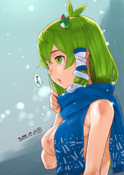 Rule 34 | 1girl, antenna hair, blue scarf, blush, body blush, breasts, commentary request, dated, frog hair ornament, green eyes, green hair, hair between eyes, hair ornament, highres, kei jiei, kochiya sanae, large breasts, long hair, looking afar, naked scarf, nipples, nude, open mouth, scarf, sidelocks, single hair tube, snake hair ornament, snow, snowing, solo, touhou, upper body