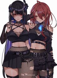 2girls absurdres ahoge alternate_costume arm_behind_head artist_name asymmetrical_horns belt black_belt black_collar black_hair black_pantyhose black_skirt blue_fire blue_hair breasts casual chain cleavage closed_mouth collar colored_inner_hair commentary contemporary crop_top cropped_legs cross cross_earrings demon_horns ear_piercing earrings elizabeth_rose_bloodflame english_commentary expressionless fire fishnet_pantyhose fishnet_top fishnets goth_fashion grey_background hair_between_eyes hair_ornament hand_in_own_hair high-waist_pantyhose highres hololive hololive_english horns huge_ahoge jewelry keisea lace lace-trimmed_skirt lace_sleeves lace_trim large_breasts layered_skirt long_hair long_sleeves looking_at_viewer looking_down miniskirt mole mole_under_eye multicolored_hair multiple_girls navel navel_piercing nerissa_ravencroft pantyhose piercing red_eyes red_hair skirt solo spiked_collar spikes torn_clothes torn_pantyhose two-tone_background two-tone_hair uneven_horns very_long_hair virtual_youtuber white_background