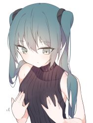 Rule 34 | 1girl, aqua eyes, aqua hair, bad id, bad pixiv id, bare shoulders, black sweater, breasts, collarbone, commentary, giryu, hands on own breasts, hatsune miku, long hair, ribbed sweater, sleeveless, sleeveless sweater, small breasts, solo, sweater, turtleneck, turtleneck sweater, twintails, upper body, vocaloid, white background