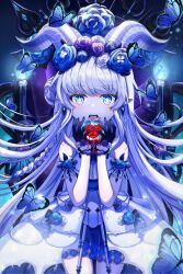 Rule 34 | 1girl, apple, armband, bare shoulders, black gloves, blood, blue apple, blue dress, blue eyes, blue fire, blue flower, blue rose, blue theme, blunt bangs, braid, bug, butterfly, candle, commentary, cowboy shot, crystal earrings, demon girl, demon horns, dress, earrings, elsword, fangs, fire, flower, food, fruit, gloves, head wreath, highres, holding, holding food, holding fruit, horns, insect, jewelry, large horns, long hair, looking at viewer, luciela r. sourcream, open mouth, pointy ears, purple flower, purple rose, rose, ryunbi, sleeveless, sleeveless dress, solo, star-shaped pupils, star (symbol), symbol-shaped pupils, teeth, thorns, tongue, two-tone dress, very long hair, white dress, white flower, white hair, white rose