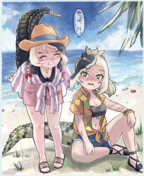 Rule 34 | 2girls, absurdres, american alligator (kemono friends), asymmetrical hair, bare arms, bare legs, beach, bent over, blonde hair, blue shorts, blue sky, border, bra, braid, breasts, buttons, cleavage, closed eyes, collared shirt, crocodilian tail, cutoffs, day, denim, denim shorts, downblouse, full body, green eyes, green hair, hat, highres, horizon, hot, jewelry, kemono friends, knee up, legs apart, long hair, looking at viewer, multicolored hair, multiple girls, navel, ocean, official alternate costume, open mouth, outdoors, pendant, pink shorts, red nails, saltwater crocodile (kemono friends), sandals, shirt, short shorts, short sleeves, shorts, sitting, sky, slit pupils, smile, spread legs, standing, stomach, summer, sweat, tail, tied shirt, toenails, toes, toriny, two-tone hair, underwear, water, white border, wing collar, wrist wings