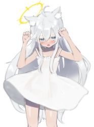 Rule 34 | 1girl, absurdres, ahoge, animal ears, blue eyes, blush, cat day, cat ears, colored eyelashes, dress, hair between eyes, half-closed eyes, highres, indie virtual youtuber, long hair, looking at viewer, mashiro rei, open mouth, retorillo, solo, virtual youtuber, white dress, white hair, white theme