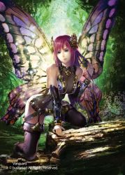 Rule 34 | 1girl, bare shoulders, belt, bewitching officer lady butterfly, blue eyes, boots, butterfly wings, cardfight!! vanguard, company name, copyright name, hair ornament, high heel boots, high heels, insect wings, jewelry, leaf, momose hisashi, necklace, official art, pink hair, solo, thighhighs, tree, wings
