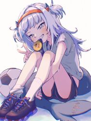 Rule 34 | ankle socks, asymmetrical legwear, ball, black shorts, blue eyes, blurry, chromatic aberration, depth of field, fins, fish tail, full body, gawr gura, grey hair, grin, hairband, highres, hololive, hololive english, hugging own legs, knees up, long hair, medal, red hairband, shark tail, shirt, shoes, shorts, single loose sock, sitting, smile, sneakers, soccer ball, socks, soft focus, sweat, tail, two side up, unya (unyaunia), v, virtual youtuber, white shirt, white socks
