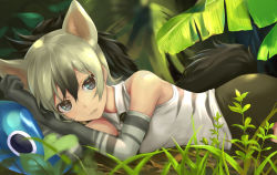 Rule 34 | 10s, 1girl, aardwolf (kemono friends), animal ears, bad id, bad pixiv id, bare shoulders, black hair, black shorts, cellien (kemono friends), collared shirt, commentary request, dappled sunlight, day, elbow gloves, extra ears, gloves, gradient hair, grey eyes, grey hair, hair between eyes, hands up, head rest, kemono friends, light smile, long hair, looking at viewer, lying, multicolored hair, necktie, on side, one-eyed, outdoors, parted lips, ponytail, shirt, shorts, sleeveless, sleeveless shirt, solo focus, sunlight, tail, tamamushi, two-tone hair, upper body, wing collar