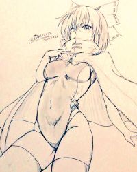 Rule 34 | 1girl, alternate costume, bow, breasts, cape, cloak, commentary request, competition swimsuit, covered mouth, covered navel, d-m (dii emu), dated, eyelashes, greyscale, hair bow, looking at viewer, medium breasts, monochrome, one-piece swimsuit, open mouth, sekibanki, short hair, signature, sketch, swimsuit, thighhighs, touhou, traditional media