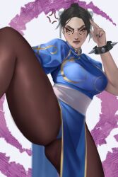 Rule 34 | 1girl, angry, bracelet, capcom, chinese clothes, chun-li, darkdekulord, dress, fighting stance, glasses, highres, jewelry, leg up, nail polish, pantyhose, spiked bracelet, spikes, street fighter, thick thighs, thighs, thong, underwear