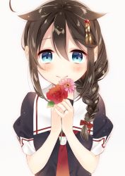 Rule 34 | 10s, 1girl, arms at sides, beige background, blue eyes, blush, braid, brown hair, closed mouth, flower, hair between eyes, hair flaps, hair ornament, holding, holding flower, jewelry, kantai collection, looking at viewer, md5 mismatch, naoto (tulip), neckerchief, pink flower, red flower, red neckerchief, red rose, resolution mismatch, ring, rose, shigure (kancolle), shigure kai ni (kancolle), short sleeves, side braid, simple background, single braid, smile, solo, tareme, upper body, wedding band
