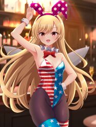 Rule 34 | 1girl, absurdres, adapted costume, american flag, american flag legwear, american flag print, animal ears, bar (place), black pantyhose, blonde hair, bow, bowtie, cipher (user watm8555), clownpiece, cowboy shot, detached collar, fairy wings, flag print, green eyes, highres, leotard, long hair, pantyhose, playboy bunny, rabbit ears, red leotard, solo, strapless, strapless leotard, thighhighs, touhou, wings, wrist cuffs