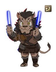 Rule 34 | 1boy, animal ears, bara, beard, braid, brown fur, cat boy, cat ears, cheering, chest harness, deformed, facial hair, fangs, final fantasy, final fantasy xiv, full body, furry, furry male, glowstick, greco-roman clothes, harness, highres, holding, holding glowstick, hrothgar, leaning forward, lion tail, male focus, muscular, muscular male, neumo, roman clothes, short hair, single braid, smile, solo, tail, v-shaped eyebrows, warrior of light (ff14)