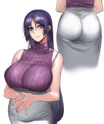 Rule 34 | 1girl, absurdres, ass, bare shoulders, bra, bra strap, bra visible through clothes, bralines, breasts, business casual, curvy, fate/grand order, fate (series), formal, highres, knatb, lace, lace bra, large breasts, long hair, looking at viewer, minamoto no raikou (fate), motherly, own hands together, parted bangs, purple eyes, purple hair, ribbed sweater, see-through, skirt, sleeveless, sleeveless turtleneck, sweater, turtleneck, underwear, very long hair, white skirt