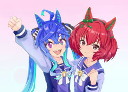 Rule 34 | 2girls, @ @, ahoge, animal ears, aqua hair, arm up, black bow, black hairband, blue eyes, blue hair, bow, bowtie, brown eyes, clenched hand, collarbone, colored inner hair, commentary request, cosplay, crossover, ear bow, ear covers, fake animal ears, green bow, hair between eyes, hair bow, hairband, hanai miharu, heterochromia, horse girl, idolmaster, idolmaster cinderella girls, long hair, long sleeves, monmonmur, multicolored hair, multiple girls, murakami tomoe, nice nature (umamusume), nice nature (umamusume) (cosplay), open mouth, purple eyes, purple sailor collar, purple shirt, red hair, ringlets, sailor collar, sailor shirt, school uniform, sharp teeth, shirt, short hair, sidelocks, smile, striped, striped bow, teeth, tracen school uniform, twin turbo (umamusume), two-tone bow, umamusume, upper teeth only, voice actor connection, white bow, white bowtie, winter uniform
