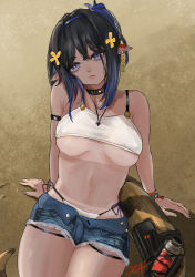 Rule 34 | 1girl, arknights, arm strap, bare arms, bare shoulders, black choker, black hair, blue eyes, blue hair, breasts, camisole, choker, denim, denim shorts, eunectes (arknights), eunectes (forgemaster) (arknights), head tilt, highres, jea (ppangjea), looking at viewer, medium breasts, midriff, multicolored hair, navel, official alternate costume, pointy ears, short hair, short shorts, shorts, sitting, snake tail, solo, spaghetti strap, stomach, tail, thighs, underboob