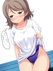 Rule 34 | 10s, 1girl, bad id, bad pixiv id, bench, blue eyes, blue one-piece swimsuit, blush, brown hair, competition swimsuit, gluteal fold, highleg, highleg swimsuit, highres, love live!, love live! sunshine!!, one-piece swimsuit, robin16, shirt, short hair, sitting, solo, swimsuit, swimsuit under clothes, t-shirt, translated, watanabe you, white shirt